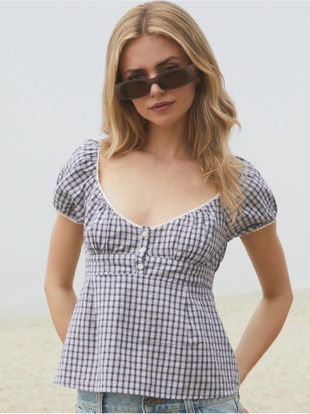 Gingham Puff Sleeve Peplum Top - Blue & White